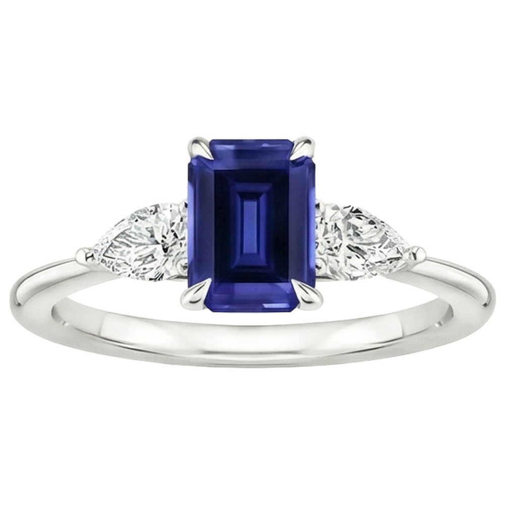 Gold 3 Stone Ring Emerald Cut Blue Sapphire & Pear Natural Earth Mined Diamond 3.50 Carats