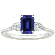 Gold 3 Stone Ring Emerald Cut Blue Sapphire & Pear Natural Earth Mined Diamond 3.50 Carats