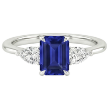 Gold 3 Stone Ring Emerald Cut Blue Sapphire & Pear Natural Earth Mined Diamond 3.50 Carats