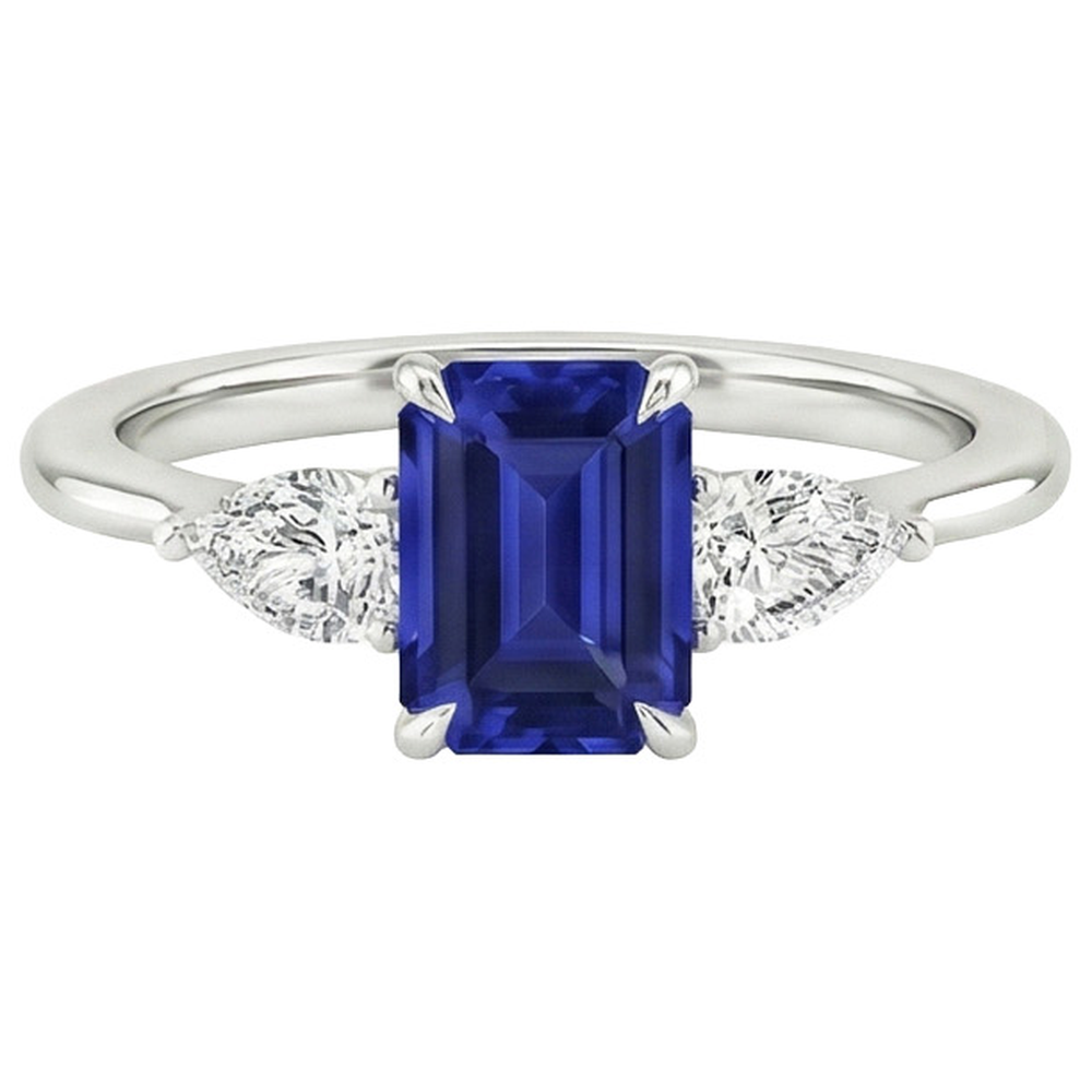 Gold 3 Stone Ring Emerald Cut Blue Sapphire & Pear Natural Earth Mined Diamond 3.50 Carats