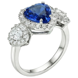 Gold Anniversary Ring 7 Carats Heart Cut Blue Sapphire & Halo Natural Earth Mined Diamonds