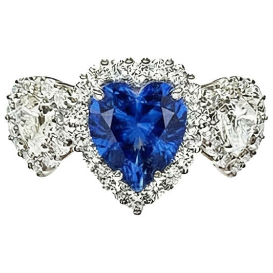 Gold Anniversary Ring 7 Carats Heart Cut Blue Sapphire & Halo Natural Earth Mined Diamonds