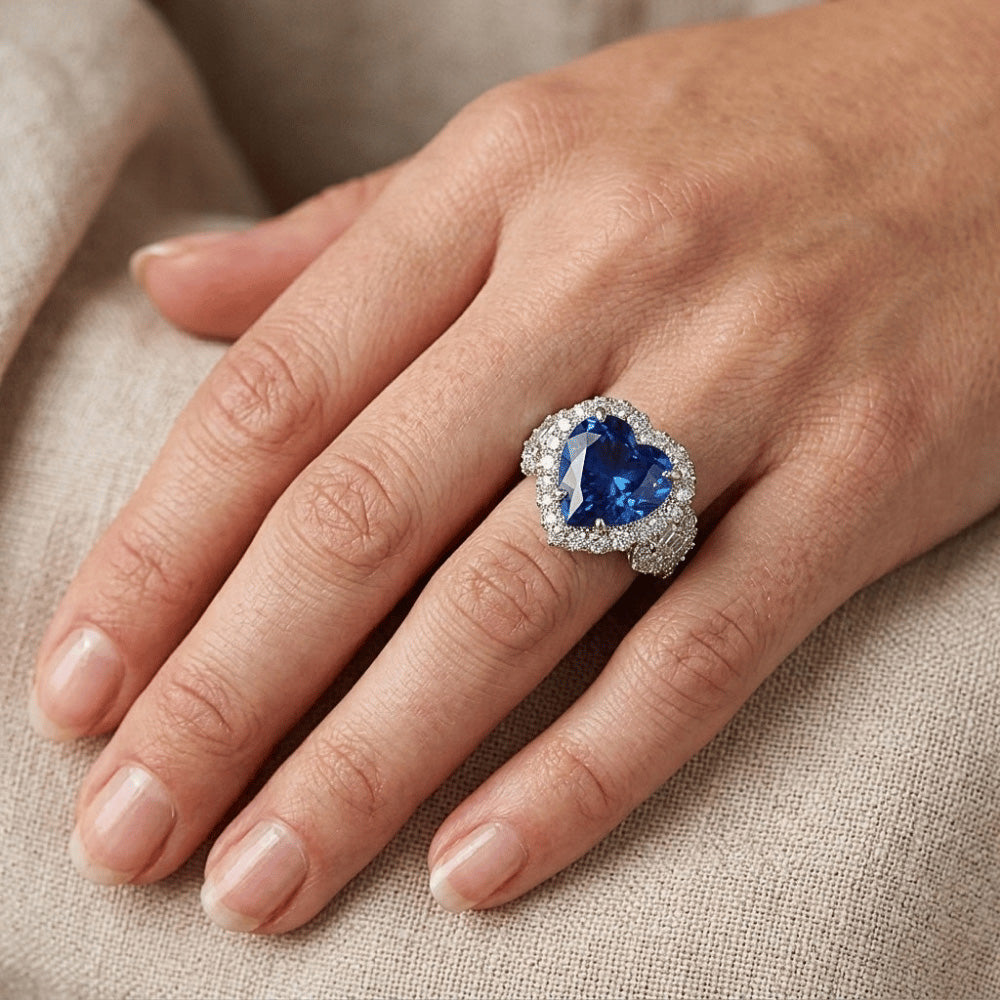 Gold Anniversary Ring 7 Carats Heart Cut Blue Sapphire & Halo Natural Earth Mined Diamonds