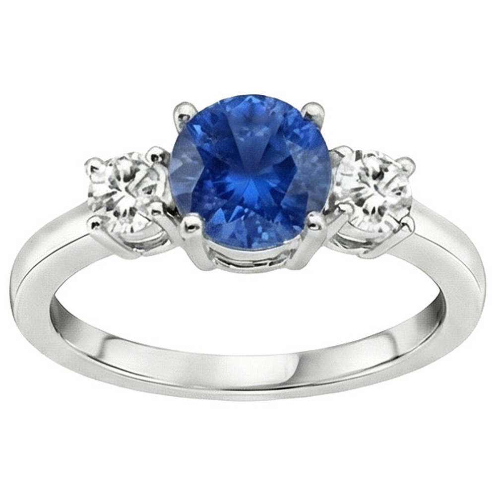 Gold Anniversary Ring Round Natural Earth Mined Diamond & Ceylon Blue Sapphire 1.75 Carats