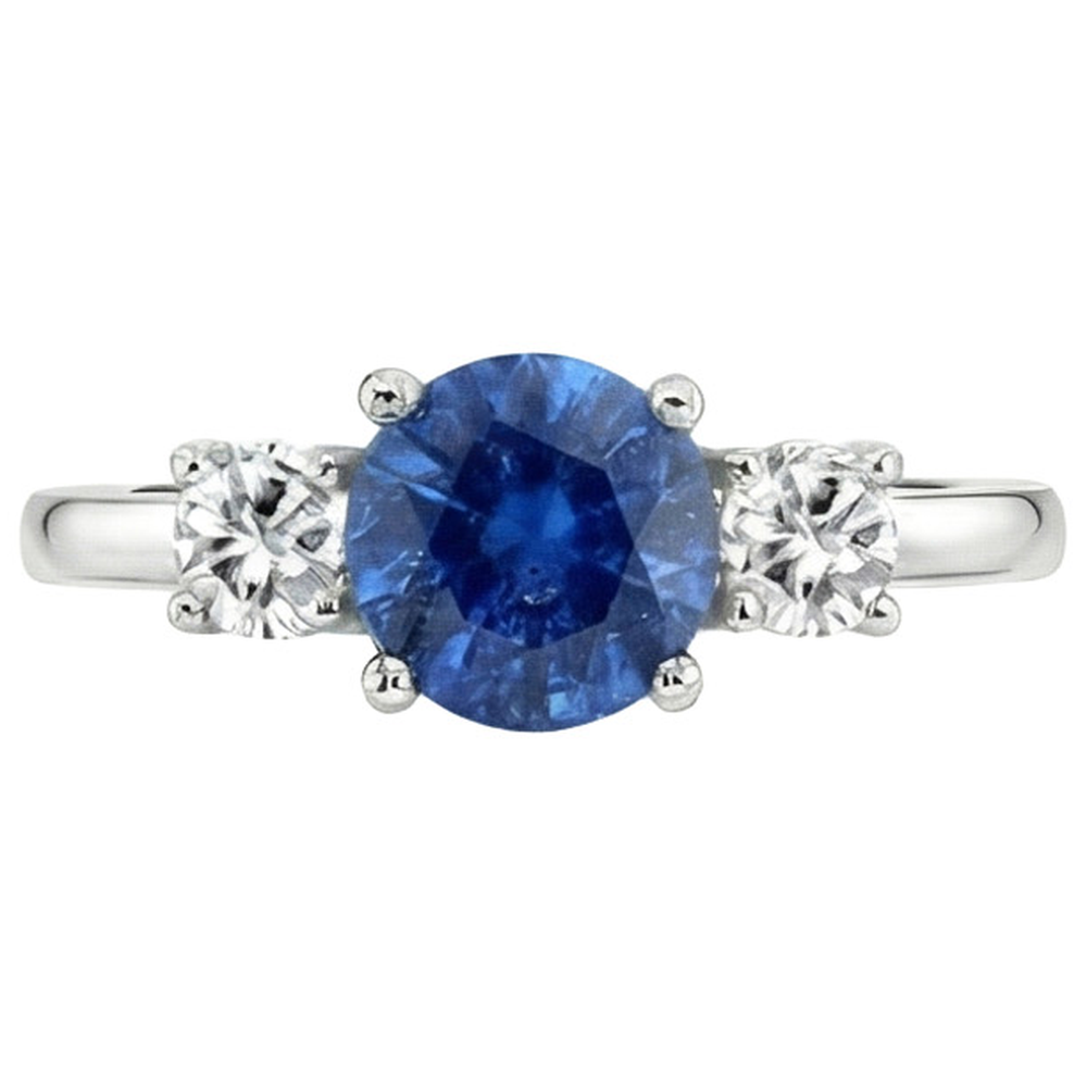 Gold Anniversary Ring Round Natural Earth Mined Diamond & Ceylon Blue Sapphire 1.75 Carats