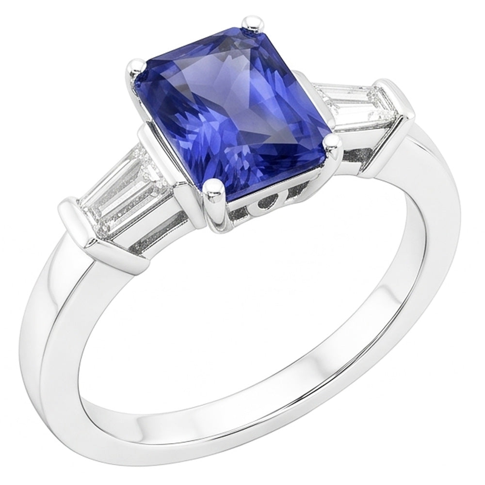 Gold Baguette Natural Earth Mined Diamond Ring 3 Stone Ceylon Sapphire Jewellery 2.50 Carats