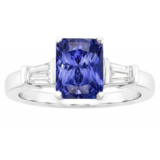 Gold Baguette Natural Earth Mined Diamond Ring 3 Stone Ceylon Sapphire Jewellery 2.50 Carats