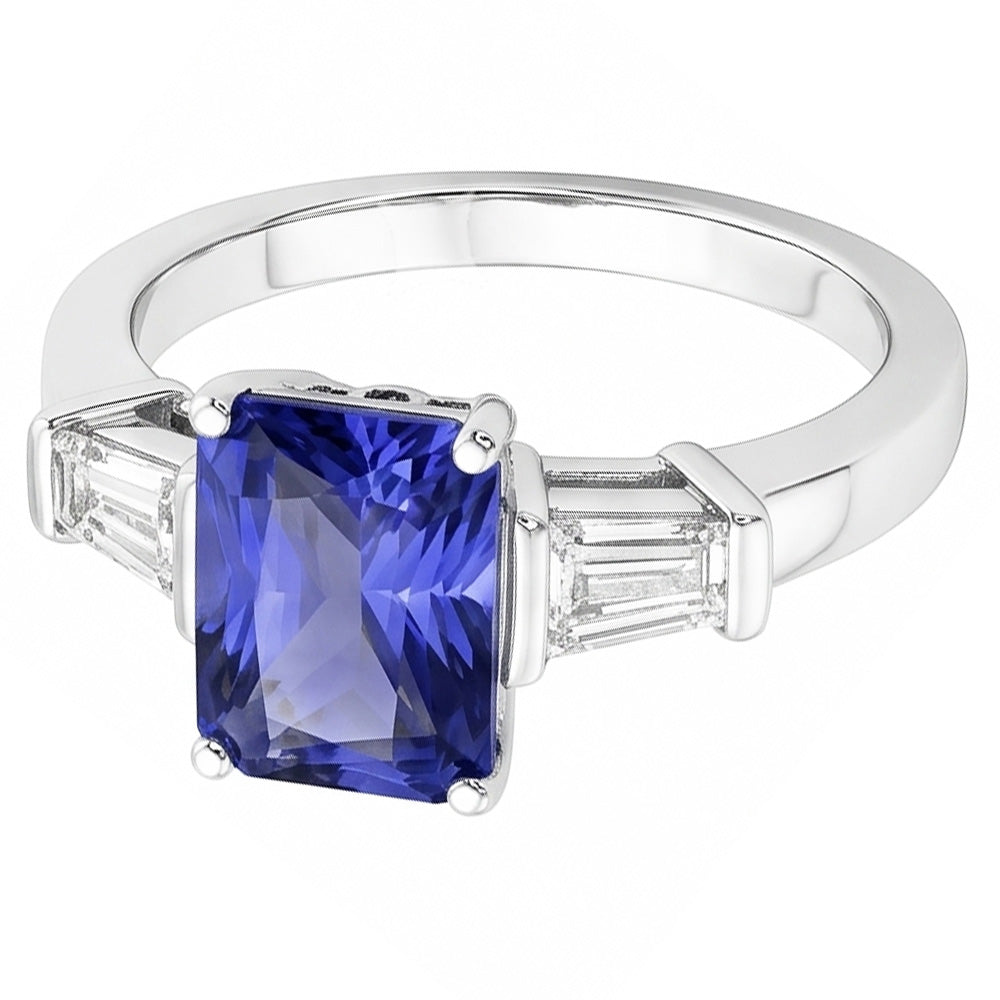 Gold Baguette Natural Earth Mined Diamond Ring 3 Stone Ceylon Sapphire Jewellery 2.50 Carats