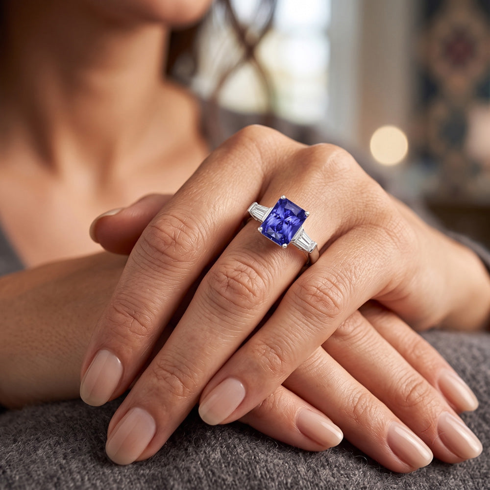 Gold Baguette Natural Earth Mined Diamond Ring 3 Stone Ceylon Sapphire Jewellery 2.50 Carats