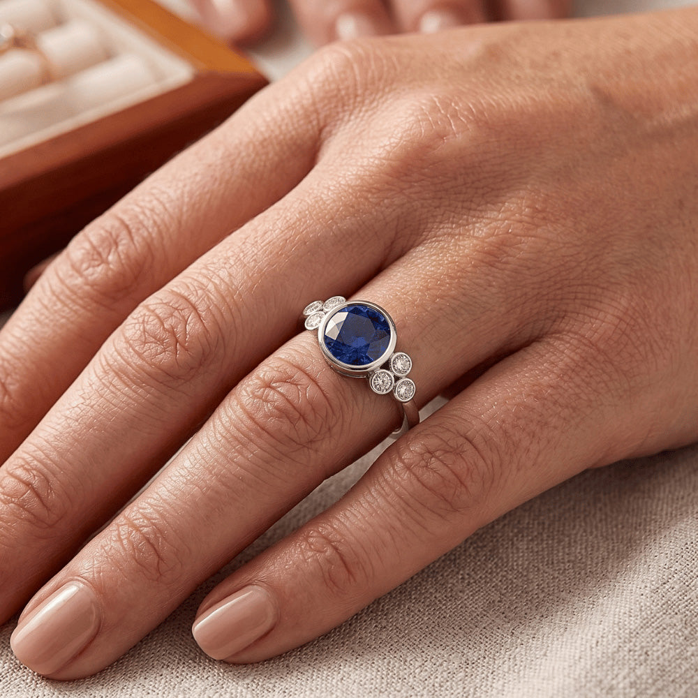 Gold Bezel Set Ceylon Sapphire & Natural Earth Mined Diamond Engagement Ring 1.75 Carats