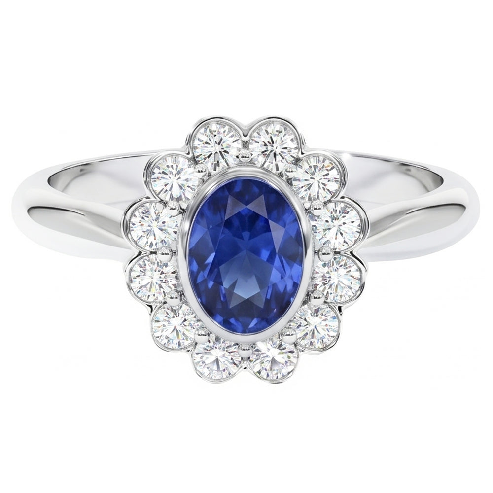 Gold Bezel Set Halo Oval Ceylon Sapphire And Natural Earth Mined Diamond Ring 9.70 Carats