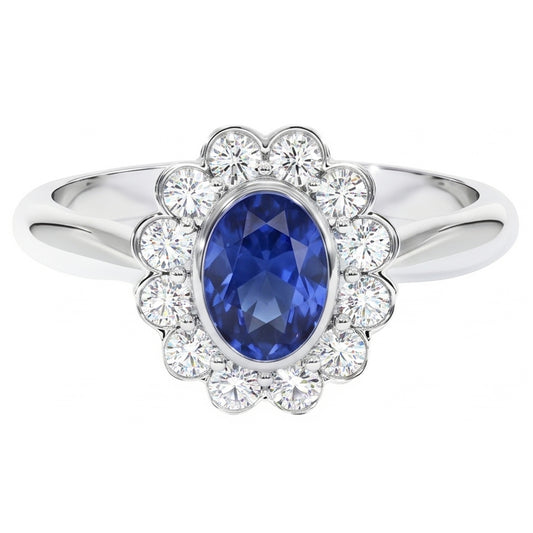 Gold Bezel Set Halo Oval Ceylon Sapphire And Natural Earth Mined Diamond Ring 9.70 Carats
