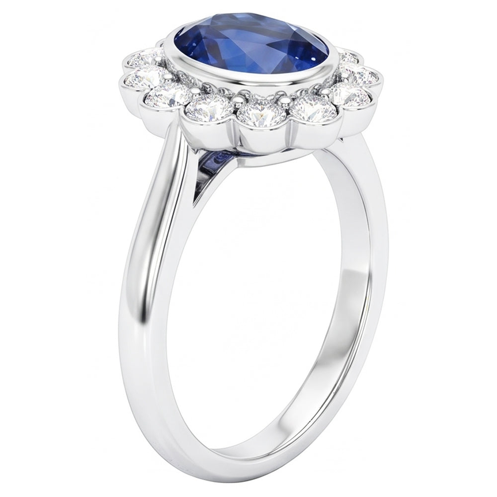 Gold Bezel Set Halo Oval Ceylon Sapphire And Natural Earth Mined Diamond Ring 9.70 Carats