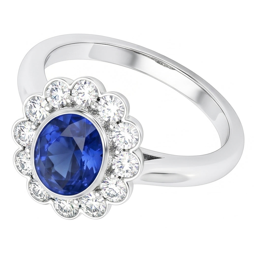 Gold Bezel Set Halo Oval Ceylon Sapphire And Natural Earth Mined Diamond Ring 9.70 Carats