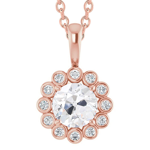 Gold Diamond Pendant Round Old Miner Bezel Set 4 Carats Real Flower Style
