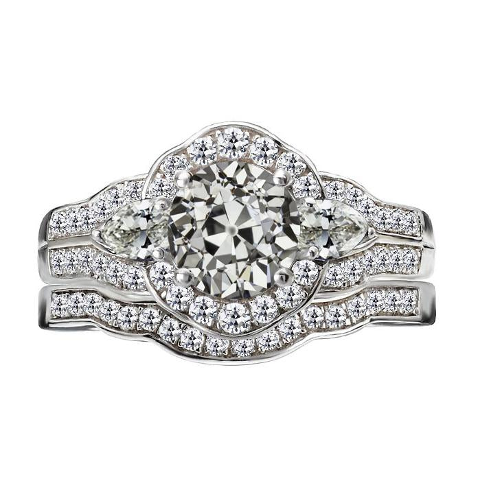 Gold Engagement Ring Set Pear & Round Old Mine Cut Natural Earth Mined Diamond 8.50 Carats