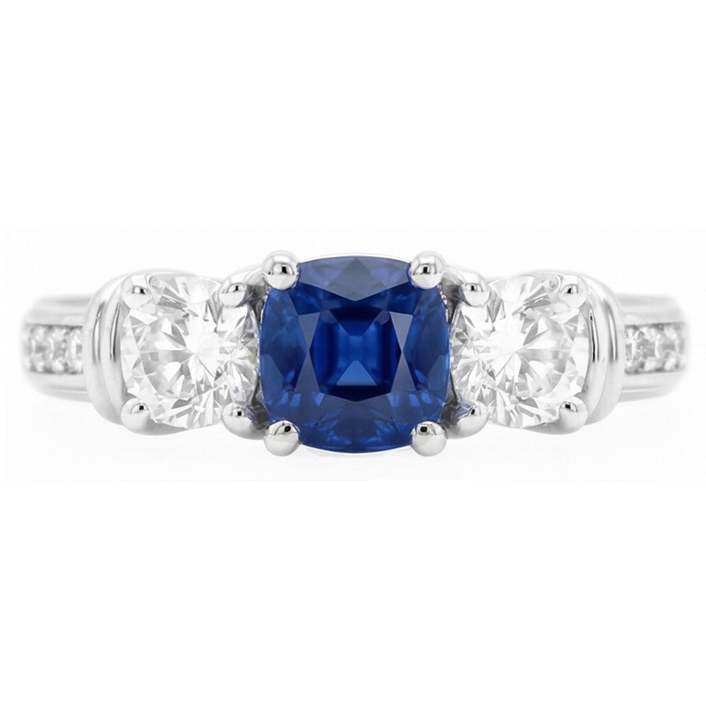 Gold Gemstone Cushion Sapphire Ring 2.50 Carats 3 Stone Style Natural Earth Mined Diamond