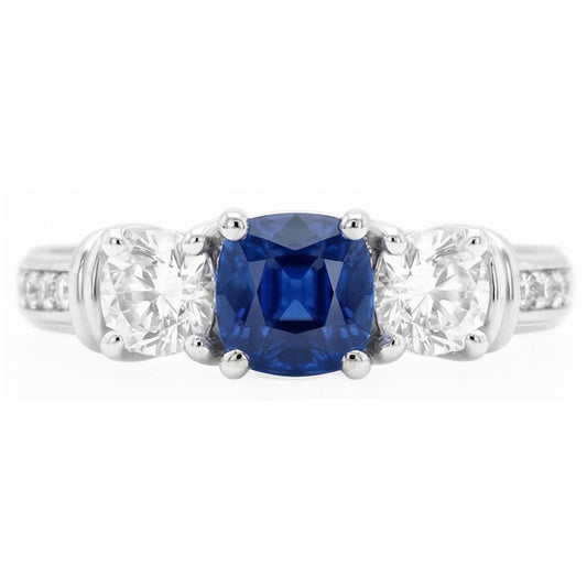 Gold Gemstone Cushion Sapphire Ring 2.50 Carats 3 Stone Style Natural Earth Mined Diamond