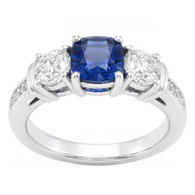 Gold Gemstone Cushion Sapphire Ring 2.50 Carats 3 Stone Style Natural Earth Mined Diamond