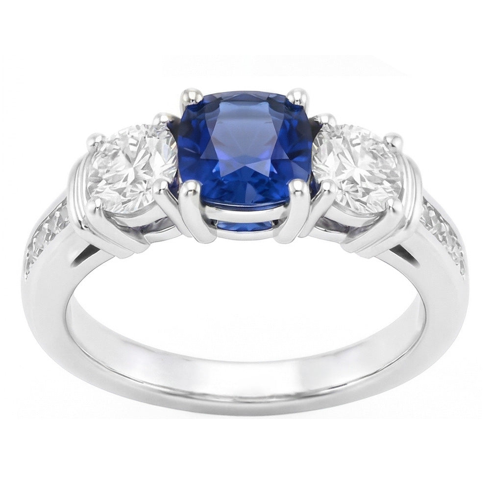 Gold Gemstone Cushion Sapphire Ring 2.50 Carats 3 Stone Style Natural Earth Mined Diamond