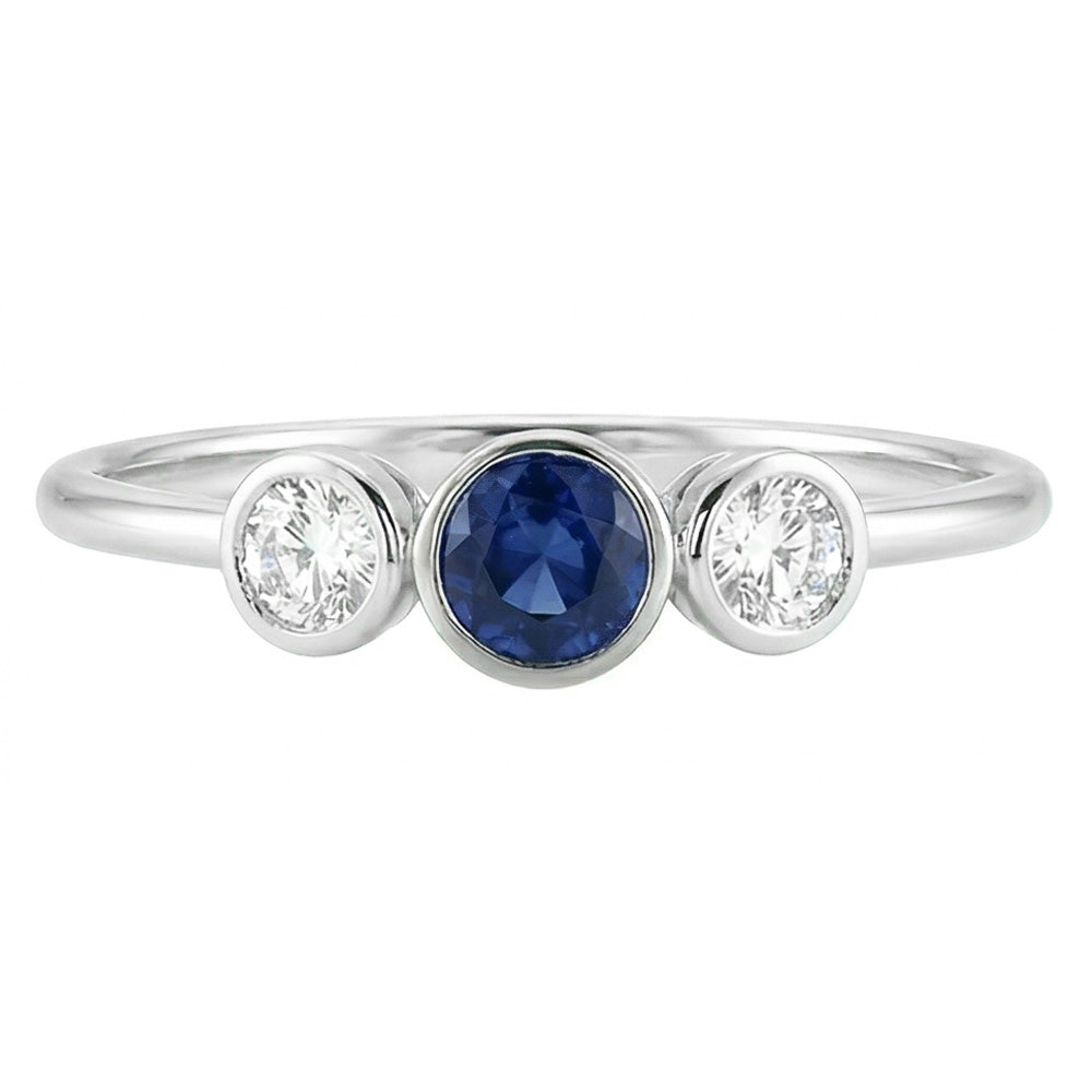 Gold Gemstone Ring Bezel Set Natural Earth Mined Diamonds & Sapphire 3 Stone 1.50 Carats