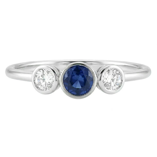 Gold Gemstone Ring Bezel Set Natural Earth Mined Diamonds & Sapphire 3 Stone 1.50 Carats