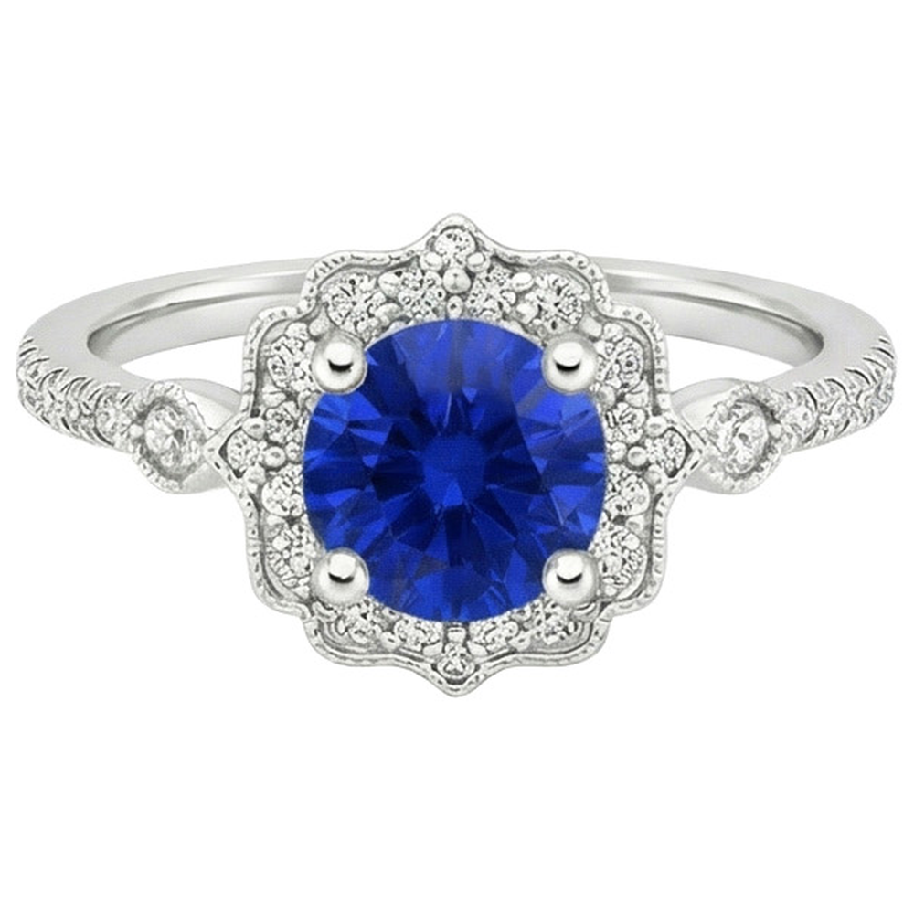 Gold Gemstone Ring Halo Sri Lankan Sapphire Vintage Style 3 Carats