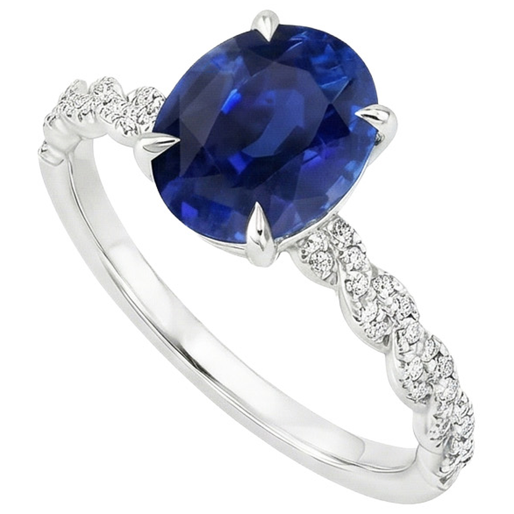 Gold Gemstone Ring Oval Blue Sapphire & Pave Set Natural Earth Mined Diamonds 3.50 Carats
