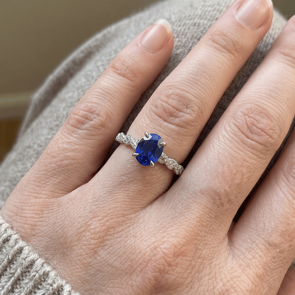 Gold Gemstone Ring Oval Blue Sapphire & Pave Set Natural Earth Mined Diamonds 3.50 Carats