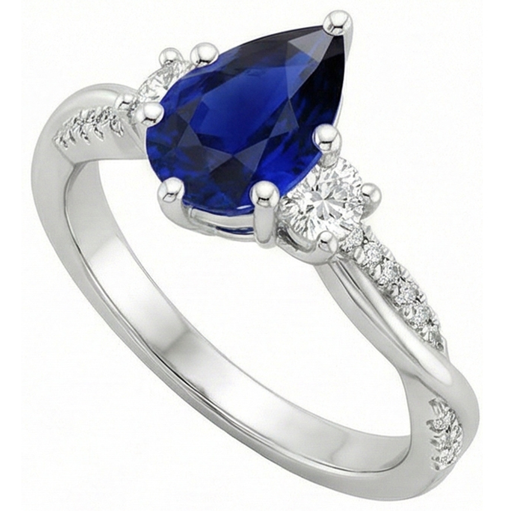 Gold Gemstone Ring Pear Blue Sapphire & Round Natural Earth Mined Diamonds 5.50 Carats