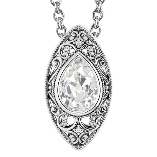 Gold Genuine Diamond Pendant Necklace Pear Old Miner Bezel Set 3 Carat Jewelry