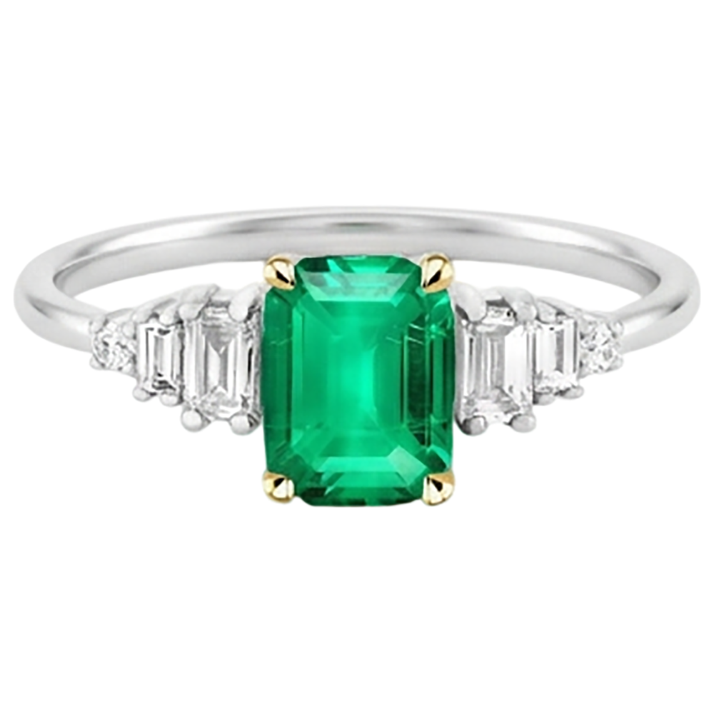 Earth-Mined Emerald Colored Stone Ring 2 ct 14 Karat Two Tone Gold – front view