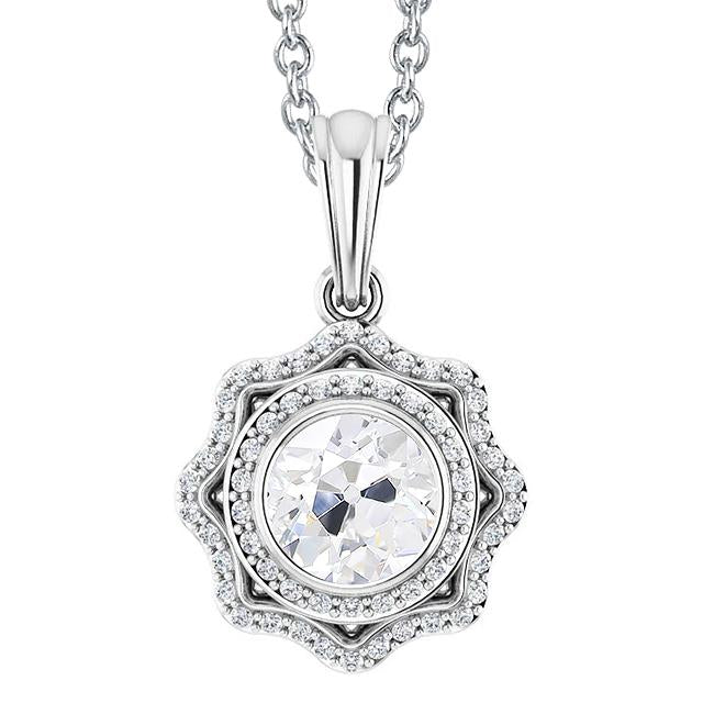 Gold Halo Natural Diamond Pendant Bezel Round Old Miner Flower Style 3 Carats