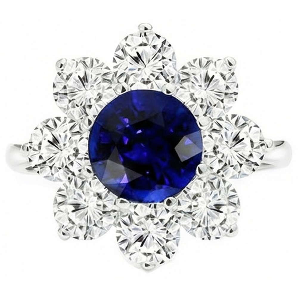 Gold Halo Natural Earth Mined Diamond Ring Blue Round Sapphire Flower Style 4.50 Carats