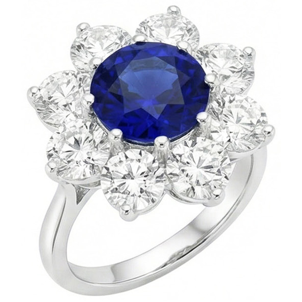 Gold Halo Natural Earth Mined Diamond Ring Blue Round Sapphire Flower Style 4.50 Carats