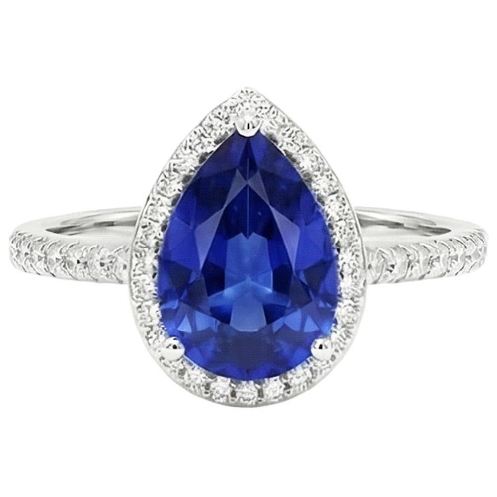 Gold Halo Pave Set Natural Earth Mined DIAMOND ( NOT LAB GROWN ) Engagement Ring Blue Sapphire 4 Carats