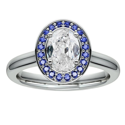 Gold Halo Ring Old Cut Oval Genuine Diamond With Round Sapphires 5.75 Carats