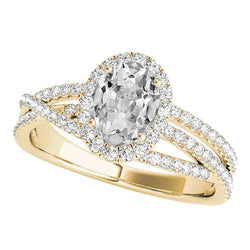Gold Halo Ring Oval Old Cut Real Diamond Triple Split Shank 6.50 Carats