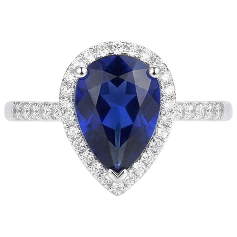 Gold Halo Ring Pear Ceylon Sapphire & Pave Set Natural Earth Mined DIAMOND ( NOT LAB GROWN )s 3.75 Carats