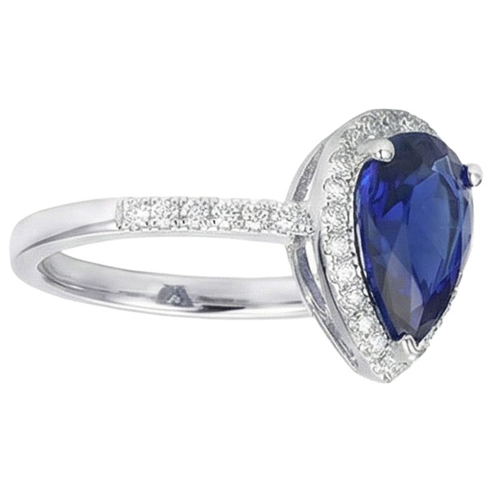 Gold Halo Ring Pear Ceylon Sapphire & Pave Set Natural Earth Mined DIAMOND ( NOT LAB GROWN )s 3.75 Carats