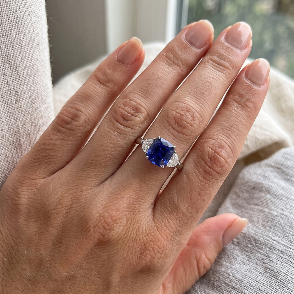 Gold Halo Wedding Ring Cushion Sapphire & Half Moon Natural Earth Mined Diamond 3 Carats
