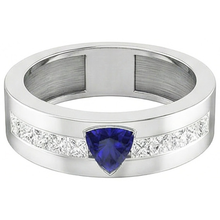 Gold Men's Ring Trillion Sapphire 2 Carats Channel Set Natural Earth Mined Diamonds