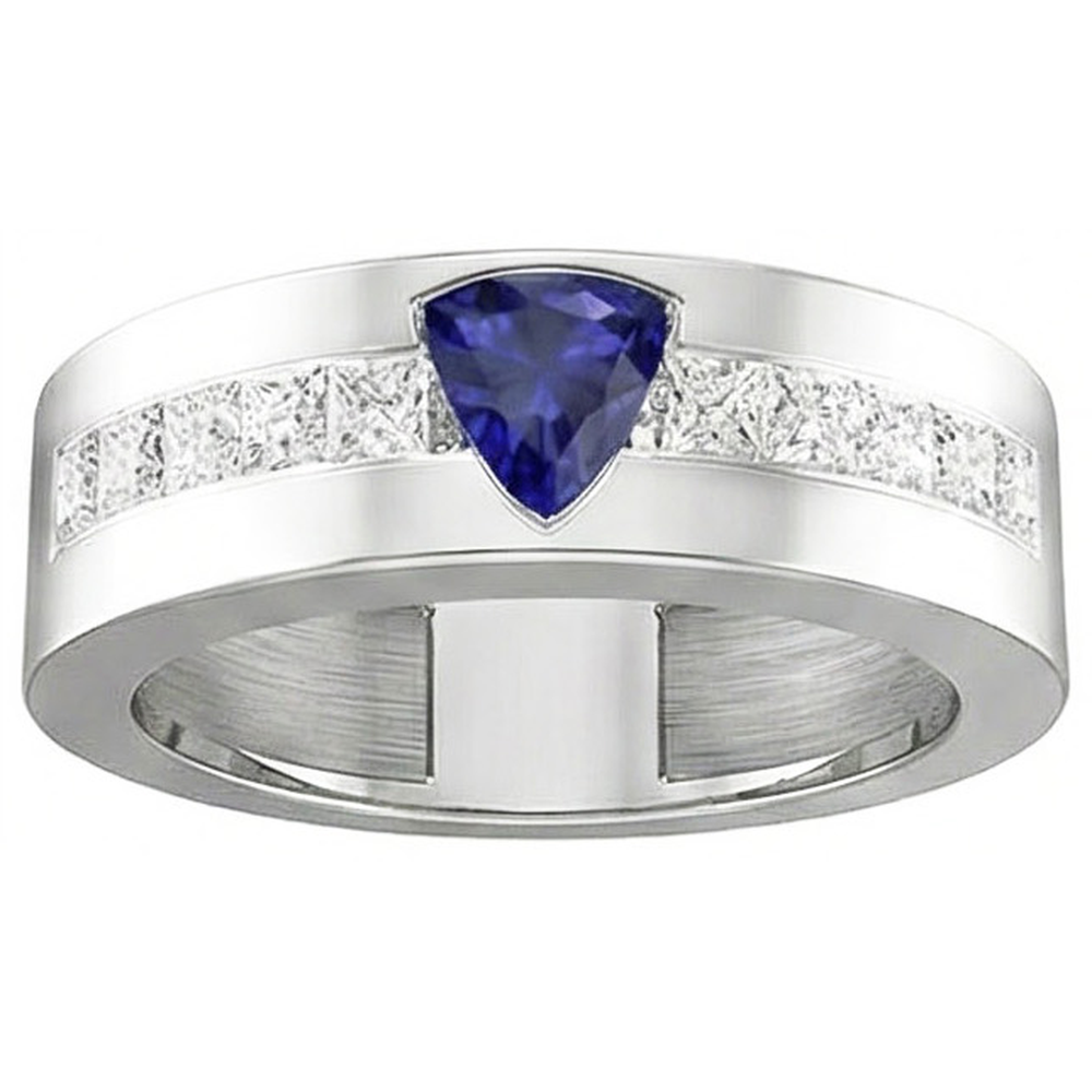 Gold Men's Ring Trillion Sapphire 2 Carats Channel Set Natural Earth Mined Diamonds