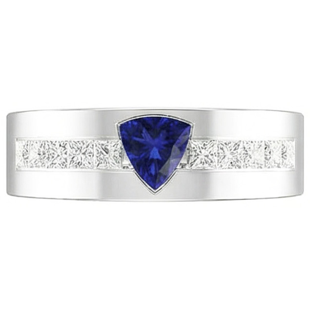 Gold Men's Ring Trillion Sapphire 2 Carats Channel Set Natural Earth Mined Diamonds