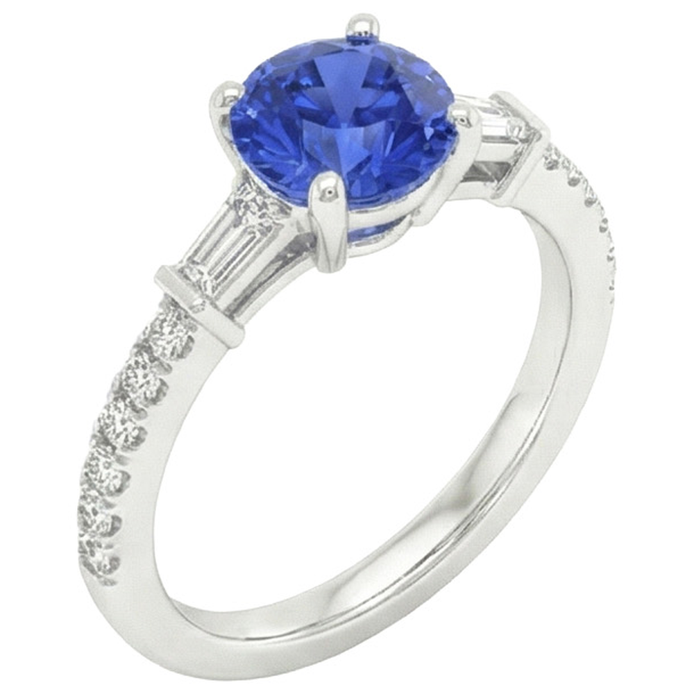 Gold Natural Earth Mined Diamond Engagement Ring Blue Sapphire With Baguettes 3 Carats