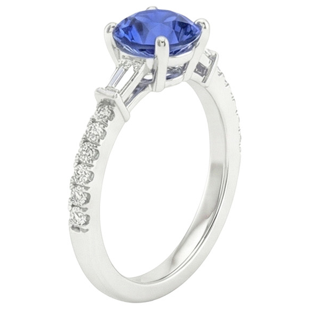 Gold Natural Earth Mined Diamond Engagement Ring Blue Sapphire With Baguettes 3 Carats