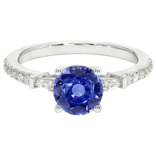 Gold Natural Earth Mined Diamond Engagement Ring Blue Sapphire With Baguettes 3 Carats