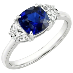 Gold Natural Earth Mined Diamond Half Moon & Cushion Ceylon Sapphire 3 Stone Ring 3 Carats