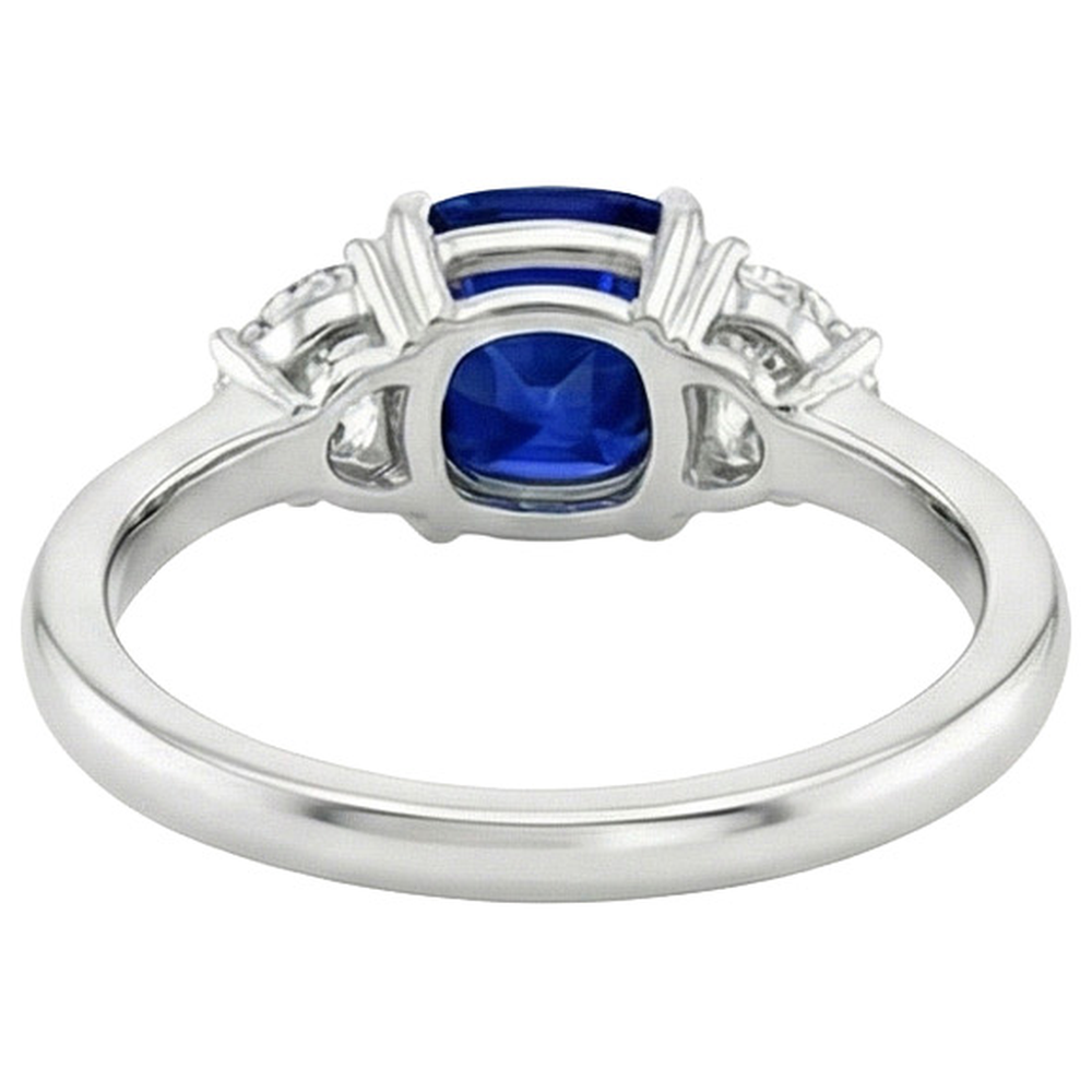 Gold Natural Earth Mined Diamond Half Moon & Cushion Ceylon Sapphire 3 Stone Ring 3 Carats