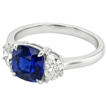 Gold Natural Earth Mined Diamond Half Moon & Cushion Ceylon Sapphire 3 Stone Ring 3 Carats